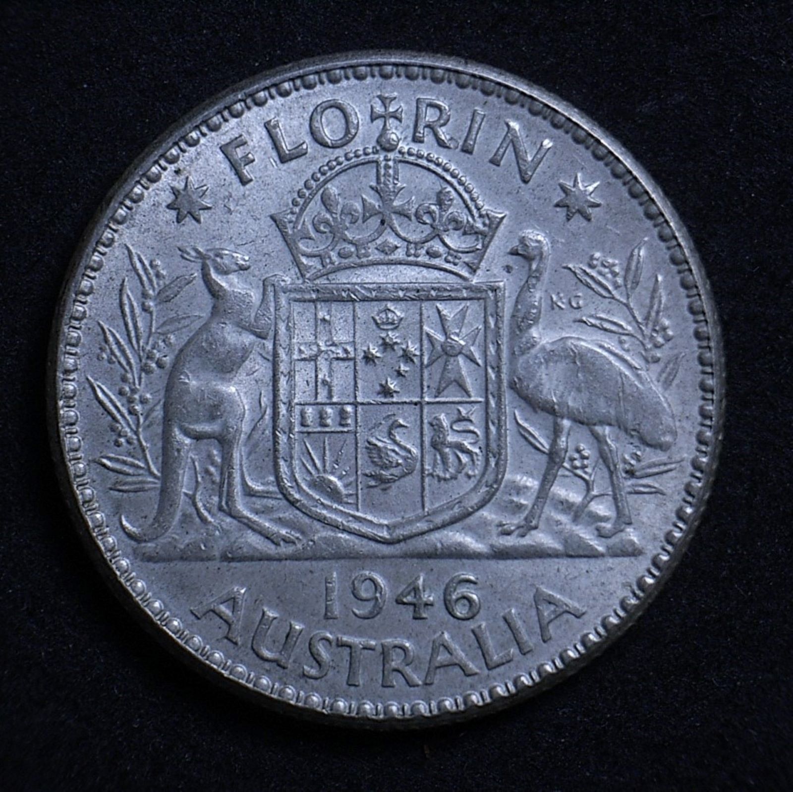 Close up Aussie 1946 florin reverse showing detail of the coin
