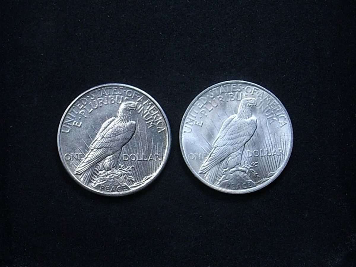 Comparison of relief on US 1921 vs 1923 Peace dollar reverse, highlighting lustre on the coins