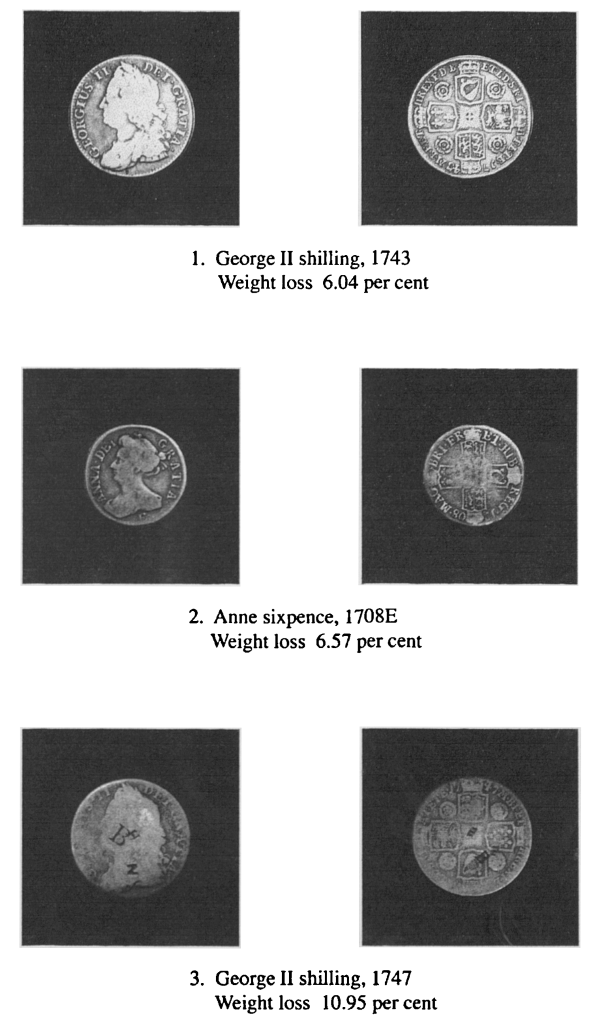 Examples of 18th century British coins showing wear of 6-10%